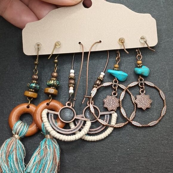 BRONZE wood beaded drop tassel earrings boho fringe tribal jewelry - Picture 4 of 4